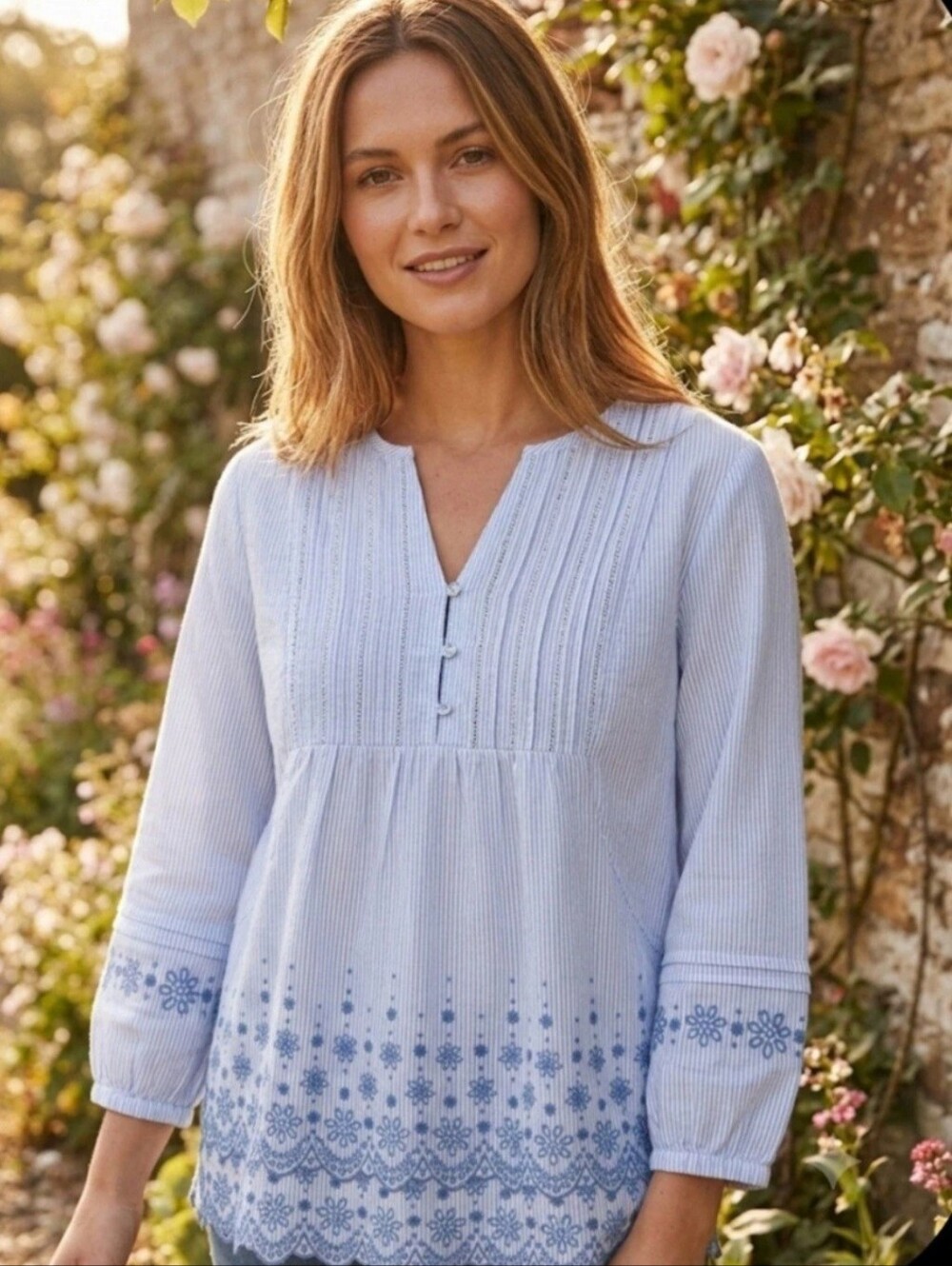 Fat Face Women's Sz 12 Poppy Lace Blue Pintuck Bib Tunic Top  Boho  Embroidery